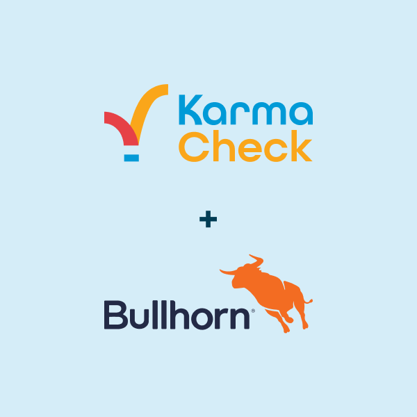 KarmaCheck and Bullhorn logos on a light blue background, representing their integration partnership to streamline screenings and background checks within the Bullhorn platform. KarmaCheck and Bullhorn logos on a light blue background, representing their integration partnership to streamline screenings and background checks within the Bullhorn platform.